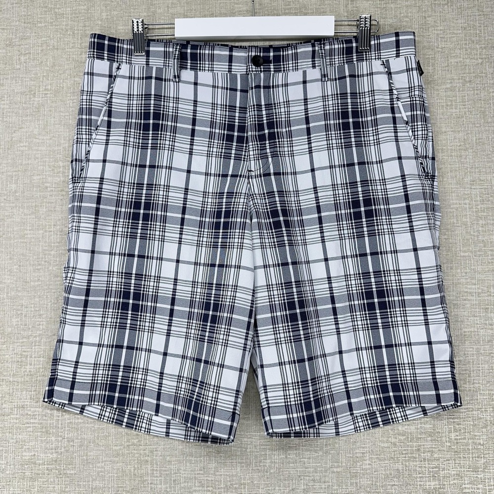 VUGA Shorts Mens‎ 35 Blue Plaid Bermuda Lined Stretch Flat Front Pockets Golf